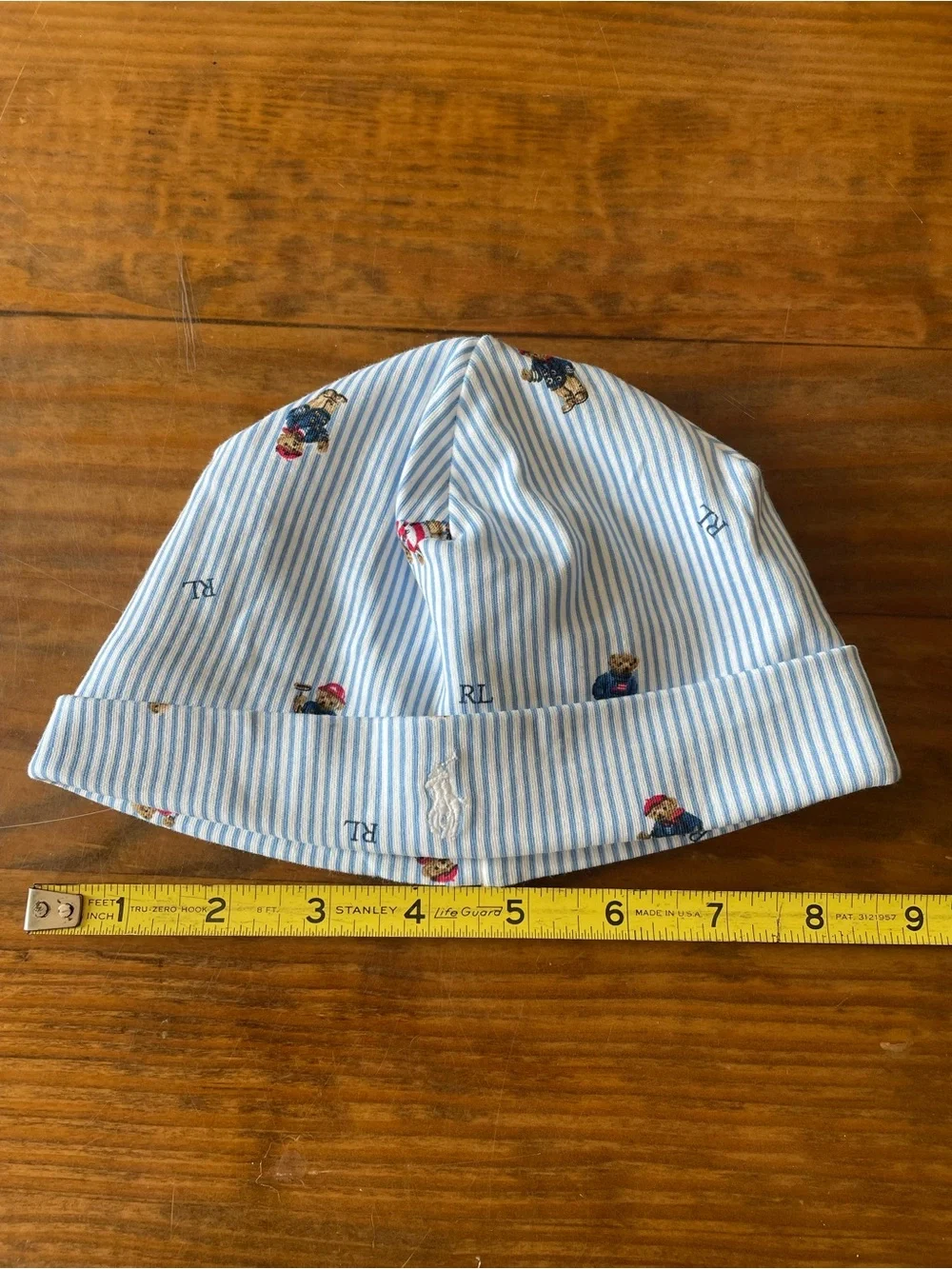 Ralph Lauren Baby Blue Stripe Bear Print Beanie Hat, One Size 3-9 mo. Cotton